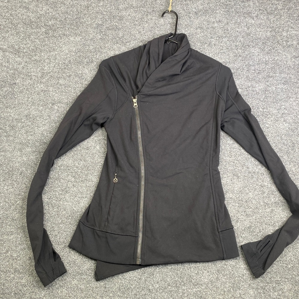 Lululemon Black Asymmetrical Zip Moto Jacket Funnel Neck Thumbholes Womens 6